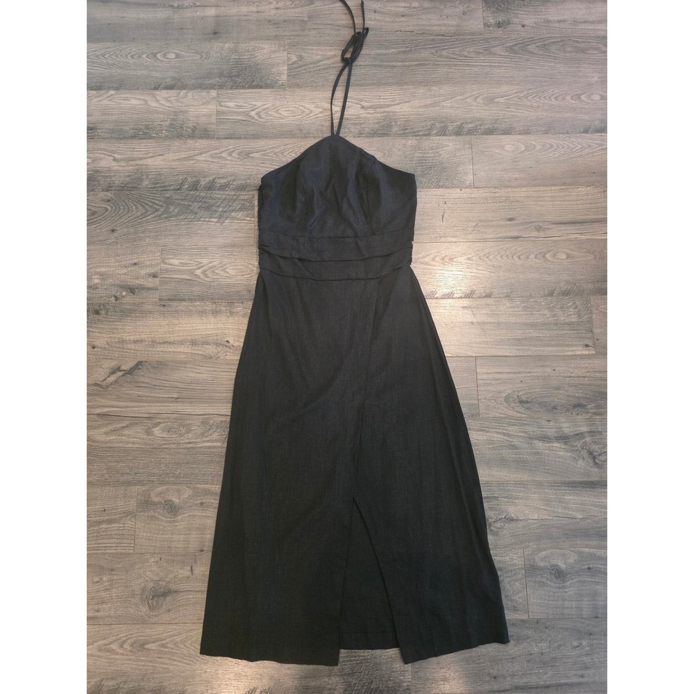 Women's sz M 6 Black Linen Blend Halter Neck Wrap Midi Dress Sleeveless Slit